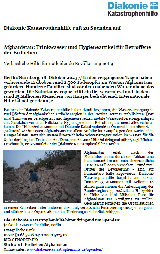 Spendenaufruf Erdbeben Afghanistan